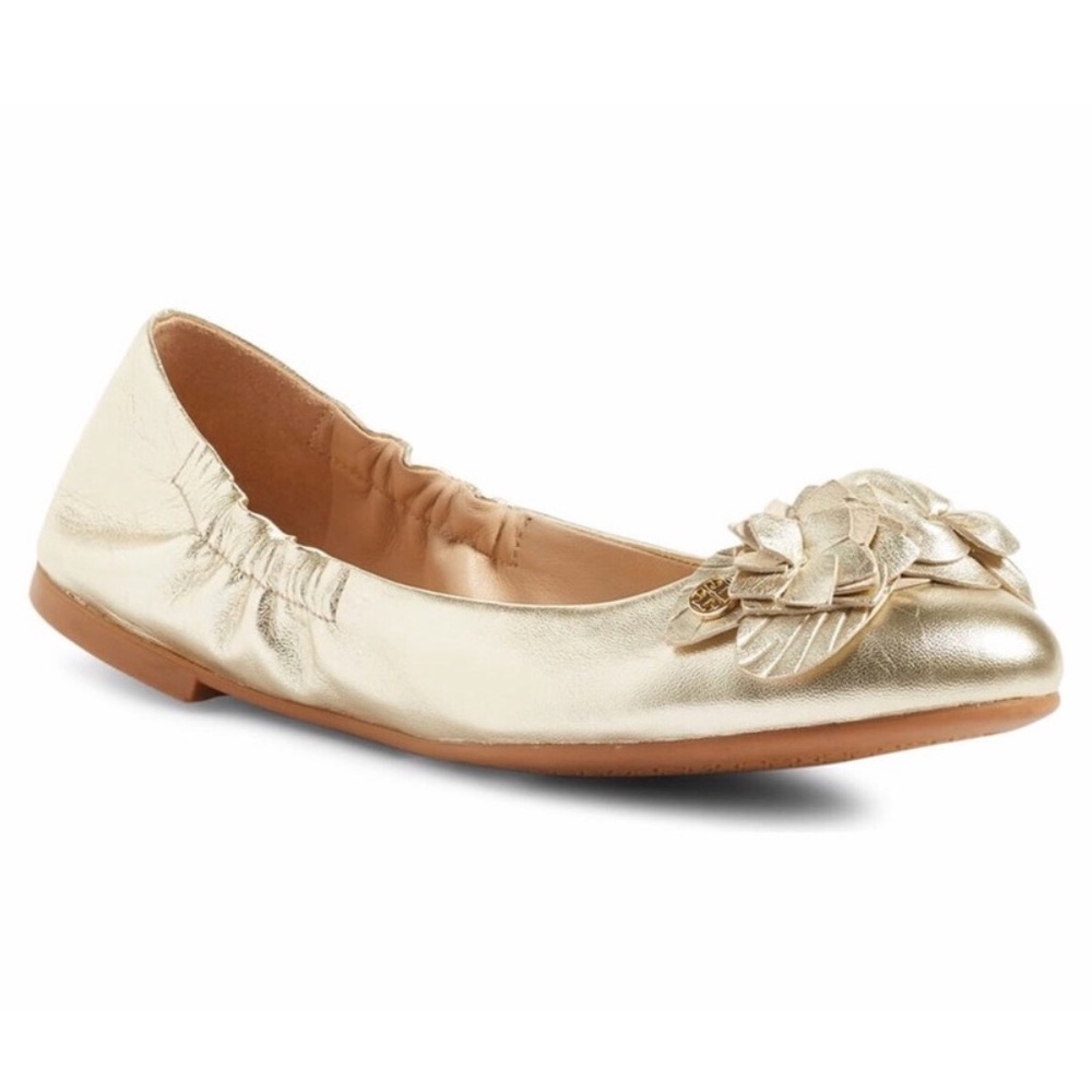 Tory Burch Spark Gold Light Grained Metallic Leather Blossom Ballet Flat Size 7